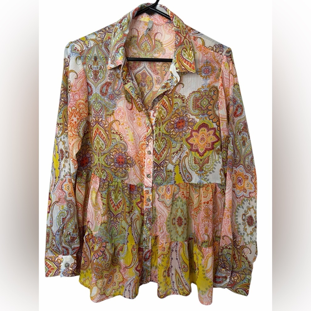 1775 Paisley Print Sheer LS Women's Top NWT